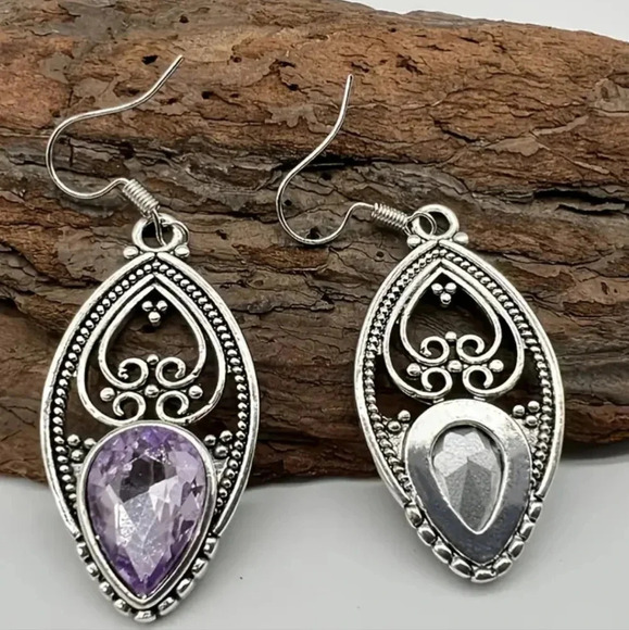 Ornate Filigree Silver Plated Dangle Earrings - Synthetic Stone - Picture 6 of 6